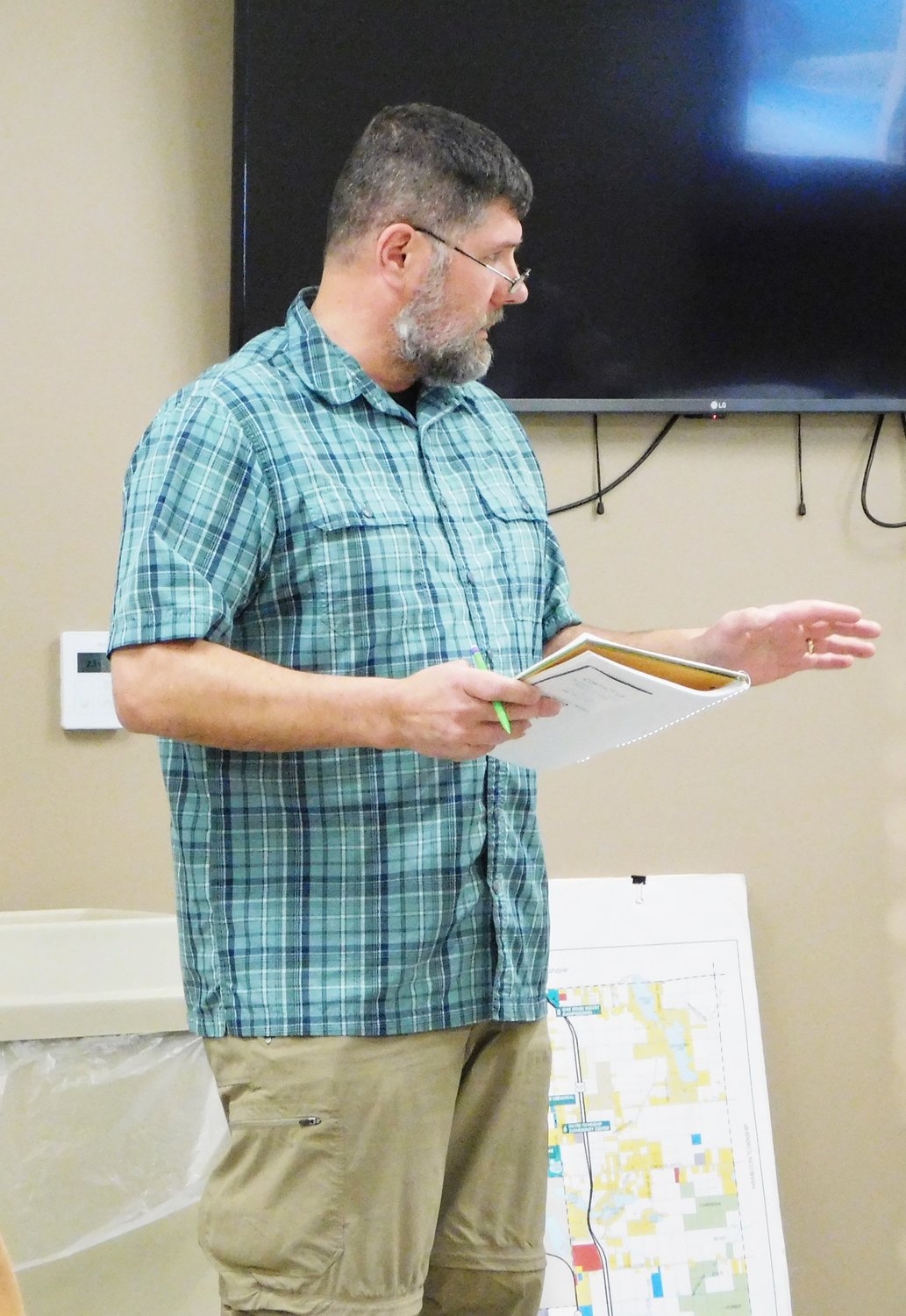 District 7 Commissioner Gabe Ambrozaitis provides his monthly report during the March 20 Hayes Township General Board meeting, touching on a variety of topics, including information gained from a meeting with the Bureau of Aeronautics in Lansing regarding what is needed at the Clare County Airport 80D.